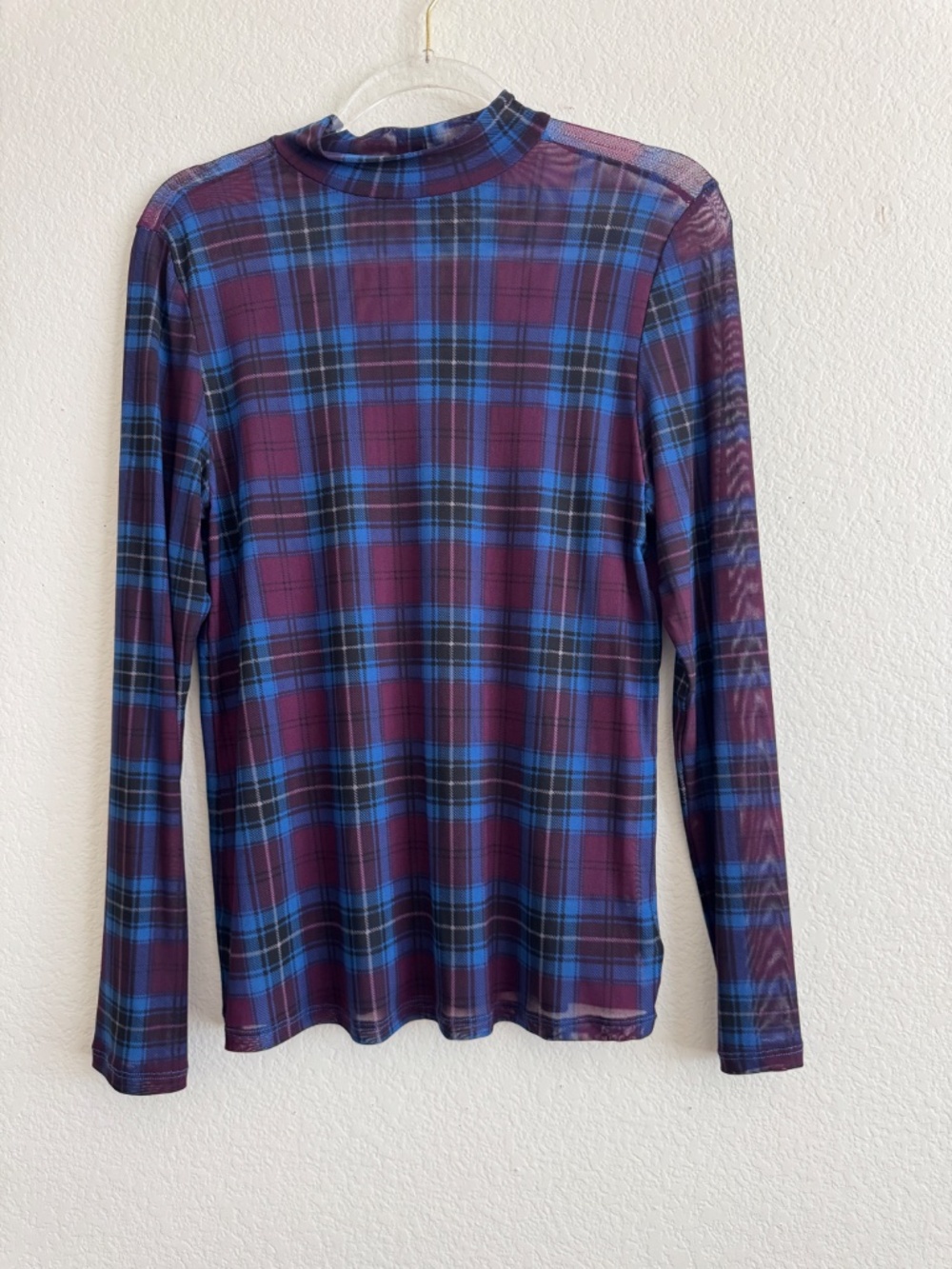 Sheer Plaid Mesh Mock Neck Top Burgundy Blue Y2K Grunge Dark Academia